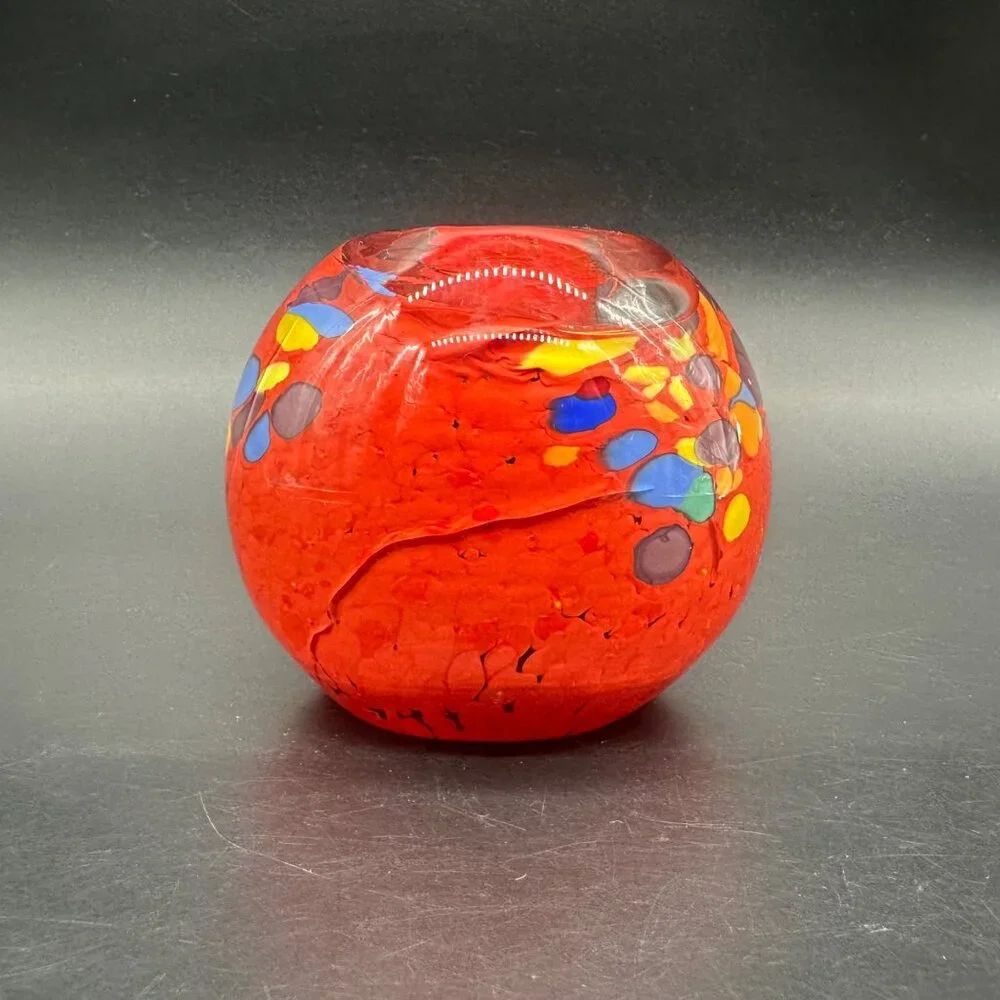 Paperweight Candle Holder Bohemian Art Glass Handmade Red Rainbow Czech READ - Picture 2 of 12